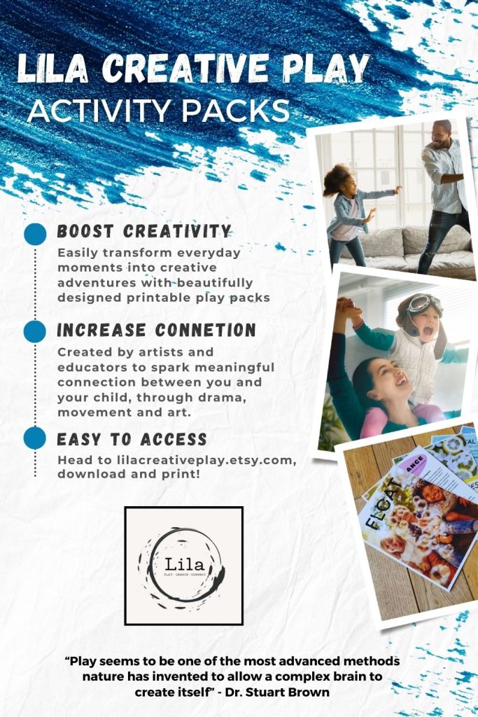 A visually designed shop flyer featuring the Lila Creative Play logo, text about downloadable creative play packs for kids aged 3–6, and three images: two showing children playing with parents and one displaying a play pack. The design includes blue paint sweeping across a white background, highlighting the shop’s focus on imaginative and engaging play activities.