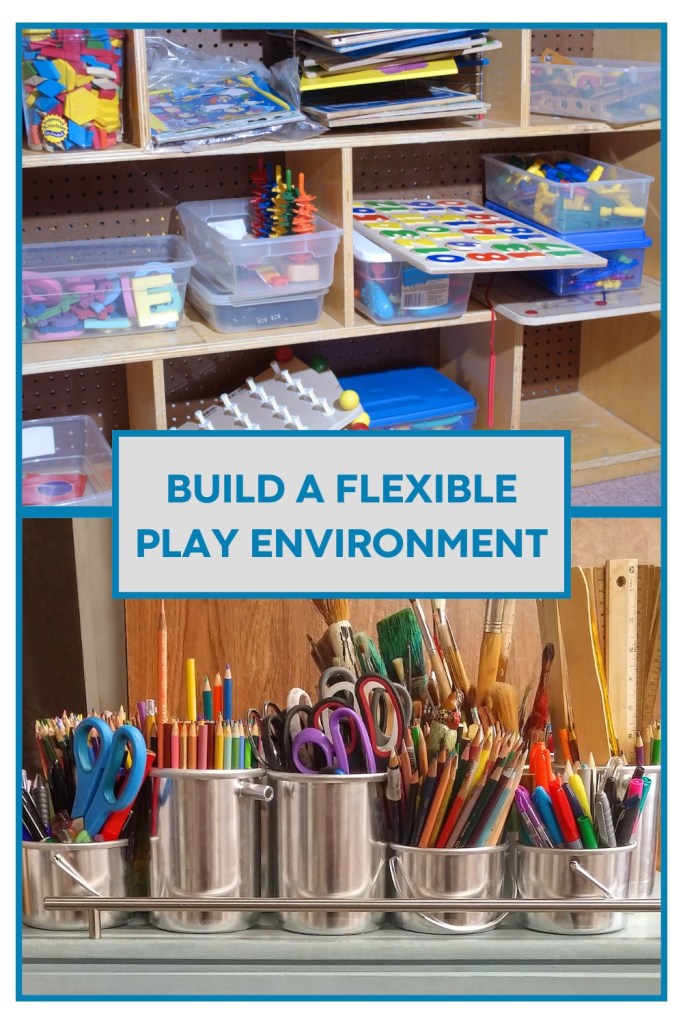 Image with caption 'Build a flexible play environment'. Top image is of tidy shelves with trays of kids toys, bottom image is of cups of coloured pencils and art supplies. Illustrates the value of an organised environment to inspire creativity.